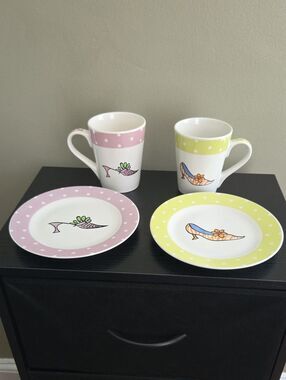 Vtg. WCL Set of 2 Polka Dot Victorian High Heel Shoe Mugs & Plates